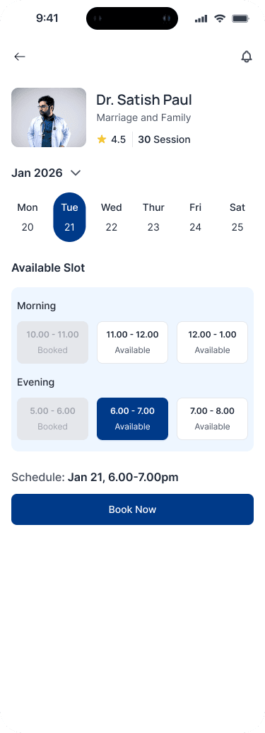 Mimashi app — slot booking screen with available session times